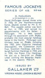 1936 Gallaher Famous Jockeys #44 David McGuigan Back